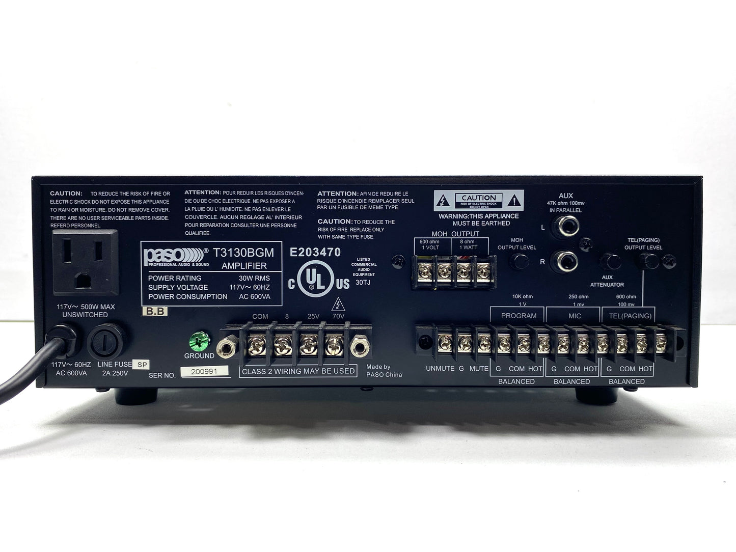 Amplificador Paging PASO Aiphone T3130BGM 30W RMS 4 Canales c/ Cable Auxiliar