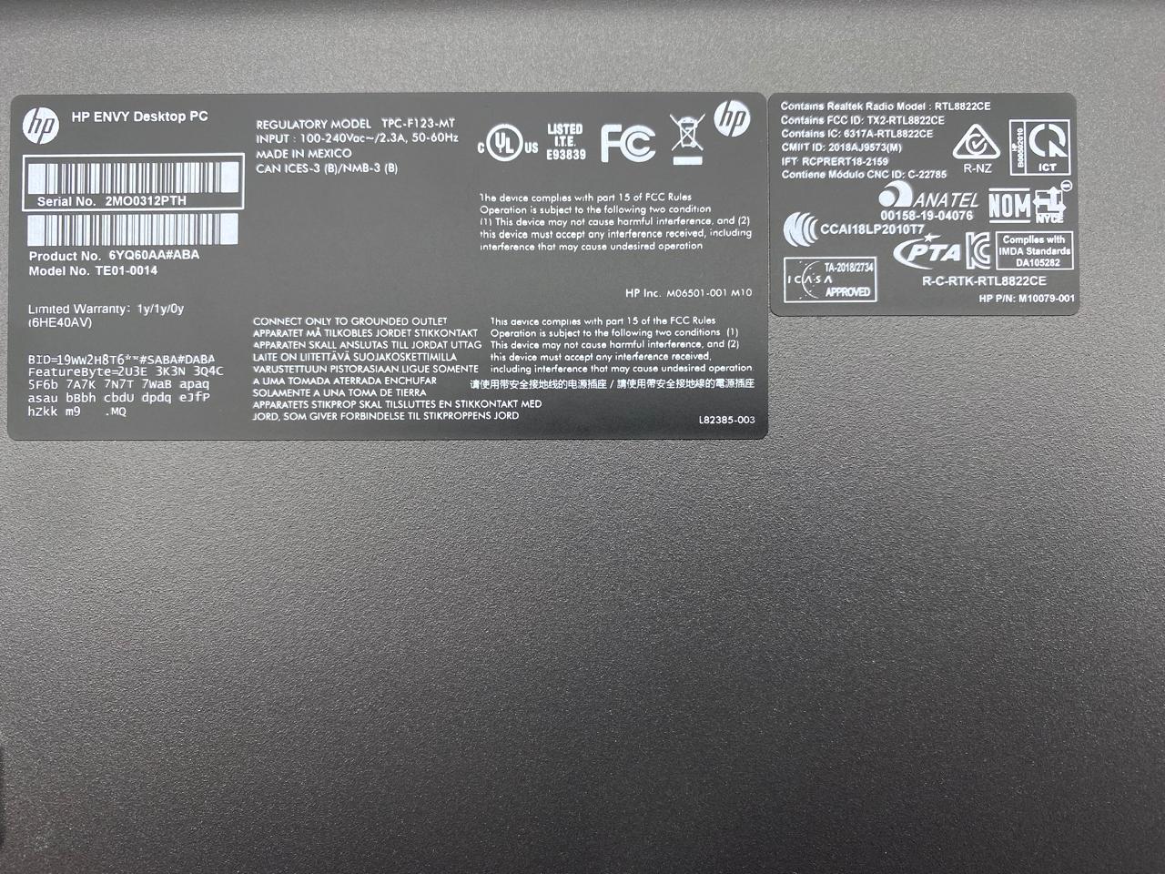 Desktop HP Envy TE01-0014 Core i5-8400 16GB RAM 512GB NVMe SSD + 1TB HDD WIN 11 HOME c/cargador