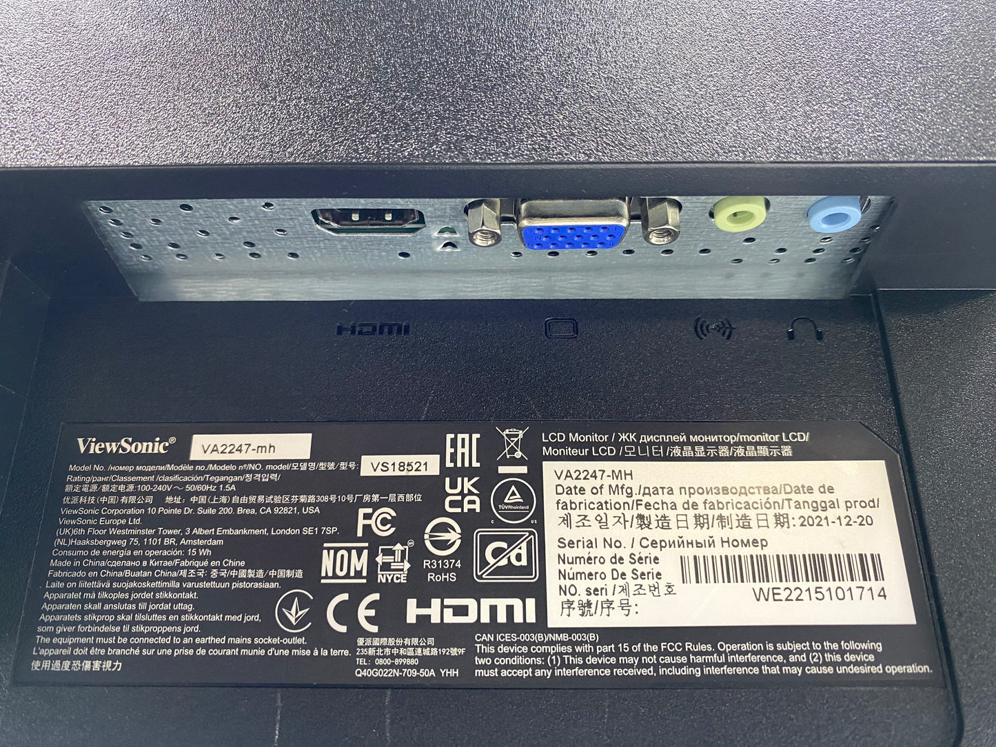 Monitor ViewSonic VA2247-mh 22" (FHD) 100Hz HDMI VGA c/ Altavoces