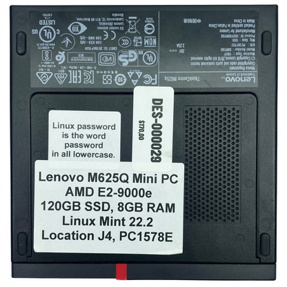 Desktop Lenovo M625Q AMD E2-9000e 8GB RAM DDR4 120GB SSD LINUX MINT c/ adaptador